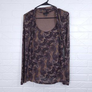 Vintage Y2K Lynn Ritchie Brown Abstract Pattern Silk Mesh Long Sleeve Top